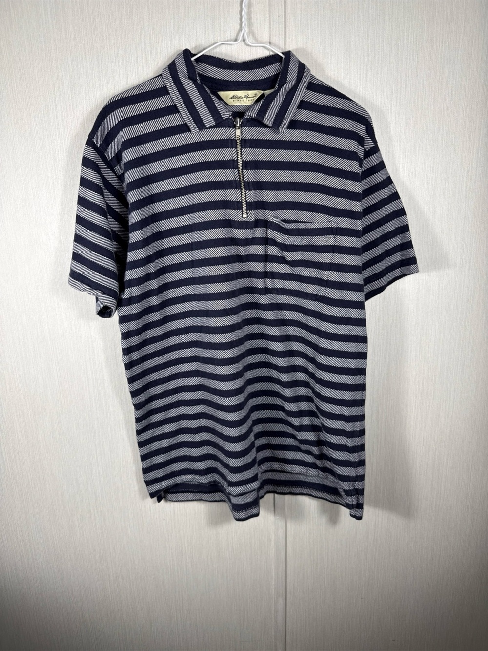 Eddie Bauer Men’s M Navy Stripe Polo Shirt 1/4 Zip Short Sleeve Pullover Pocket